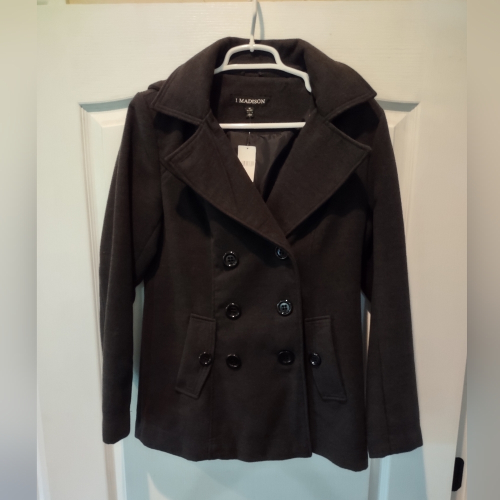1 Madison Women's Dark Charcoal Gray Double-Breasted Peacoat Size M
